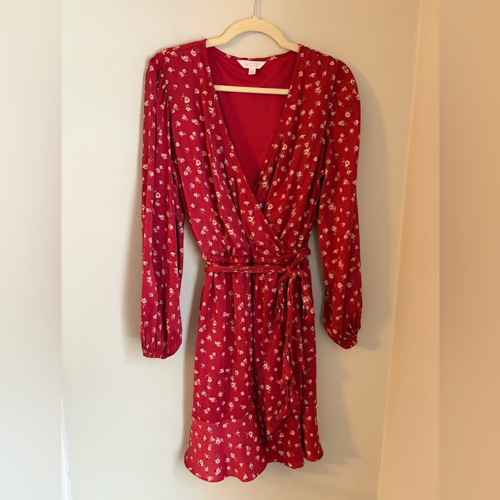 Red Floral Wrap Dress with Tie Waist